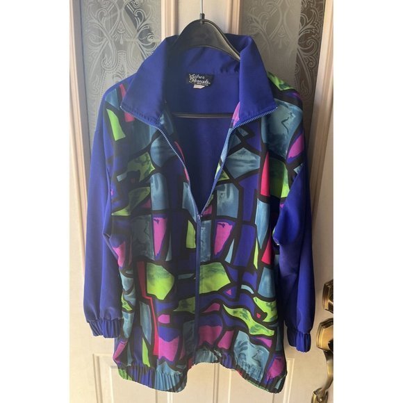 Vtg Silver‎ Threads 90s Zip Up Neon Pink Green Blue L Collared Shirt Jacket USA - Picture 4 of 8